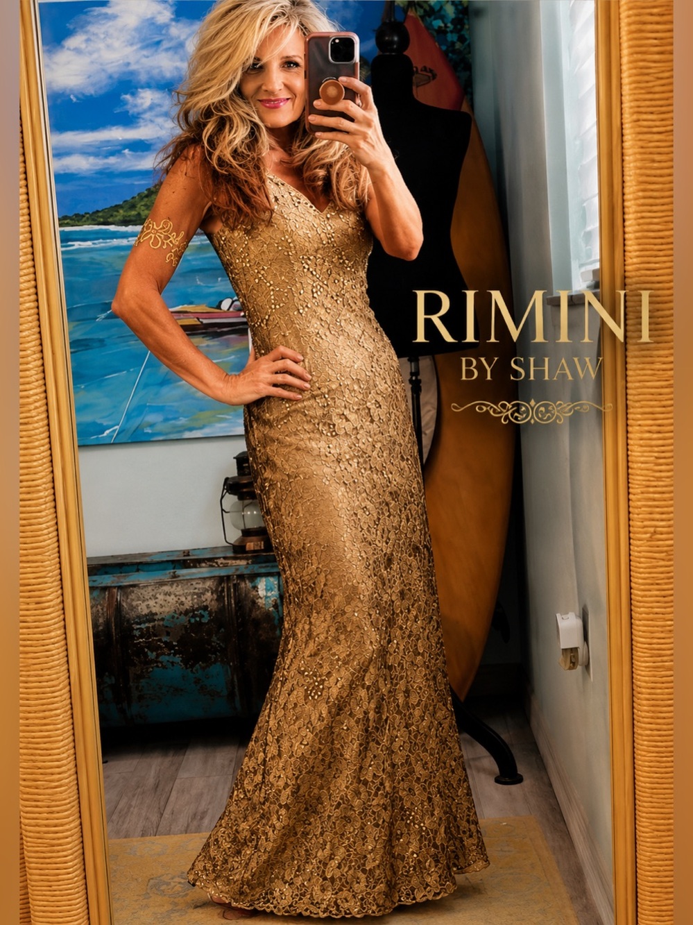 Vintage Rimini by Shaw Gold Sequin Lace Mermaid Evening Gown Sleeveless Formal 4